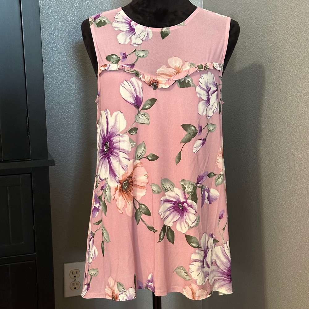 Apt. 9 Blouse Medium Pink Floral Ruffle Sleeveless Soft Stretch Top‎ Classic
